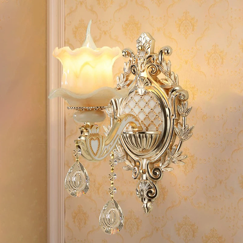 Jade Floral Wall Light Antique Living Room Wall Lighting Fixture with Hanging Crystal in Gold
