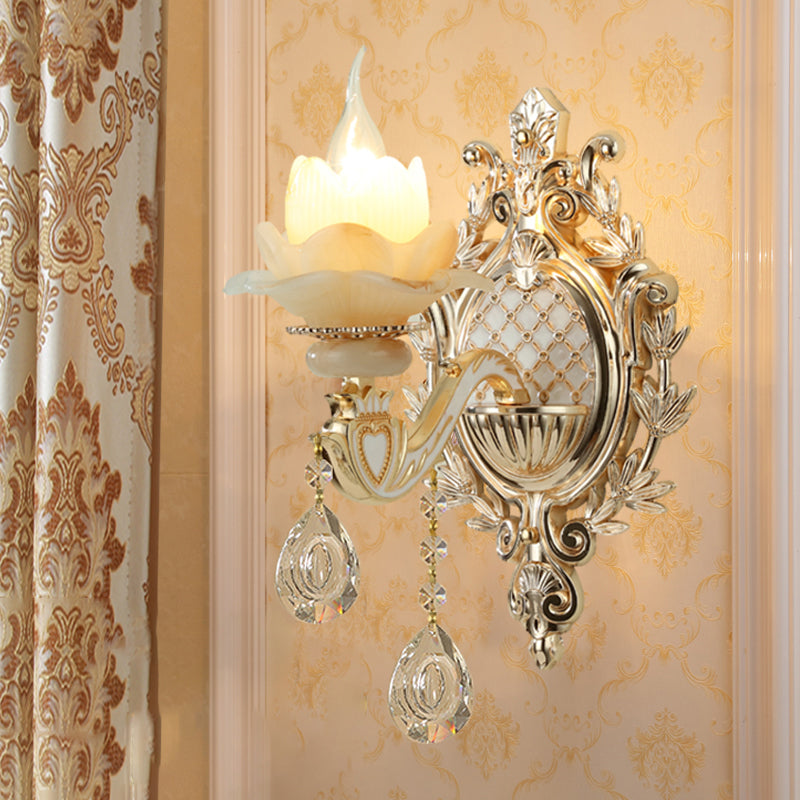 Jade Floral Wall Light Antique Living Room Wall Lighting Fixture with Hanging Crystal in Gold