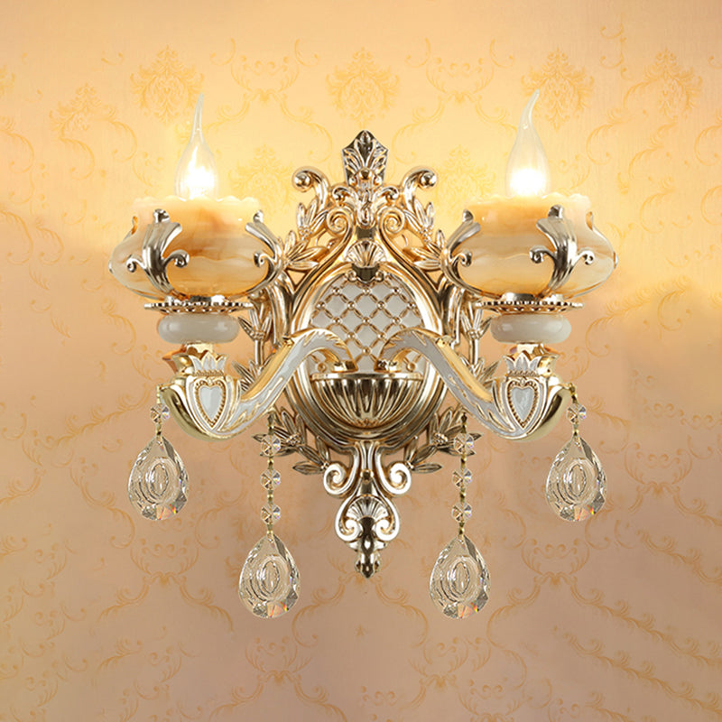 Jade Floral Wall Light Antique Living Room Wall Lighting Fixture with Hanging Crystal in Gold