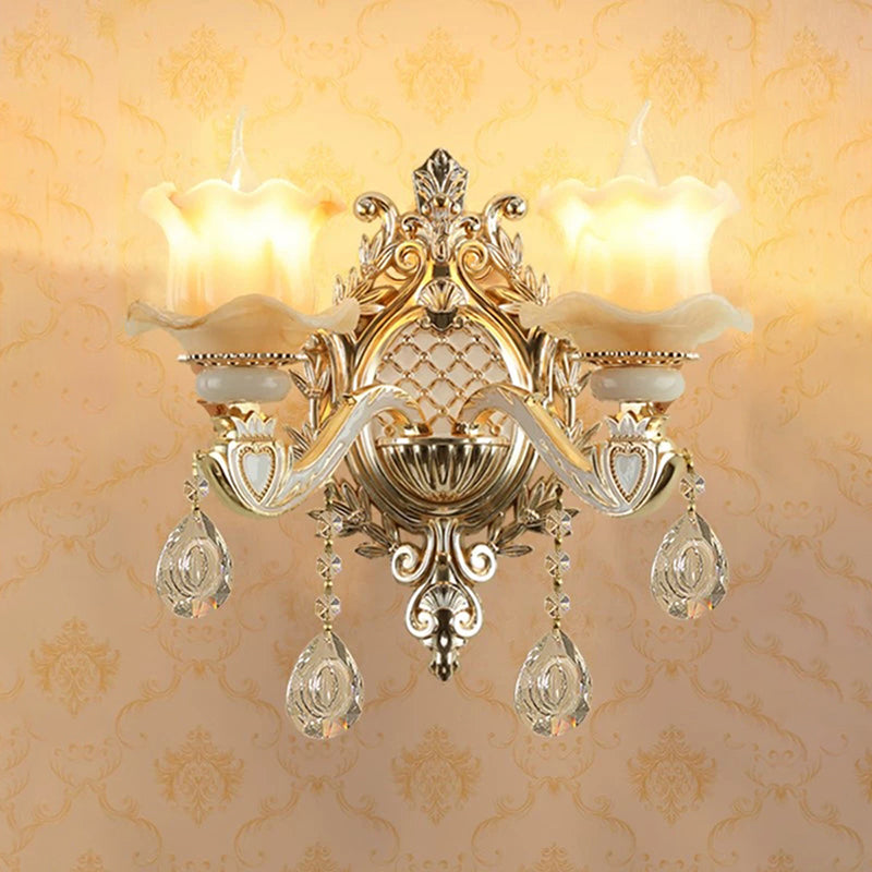 Jade Floral Wall Light Antique Living Room Wall Lighting Fixture with Hanging Crystal in Gold