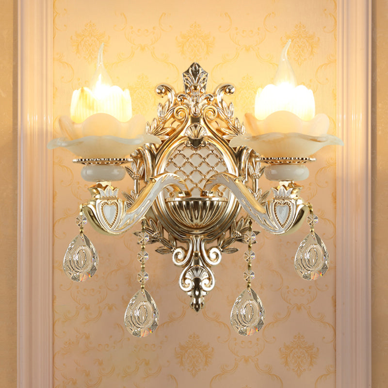 Jade Floral Wall Light Antique Living Room Wall Lighting Fixture with Hanging Crystal in Gold