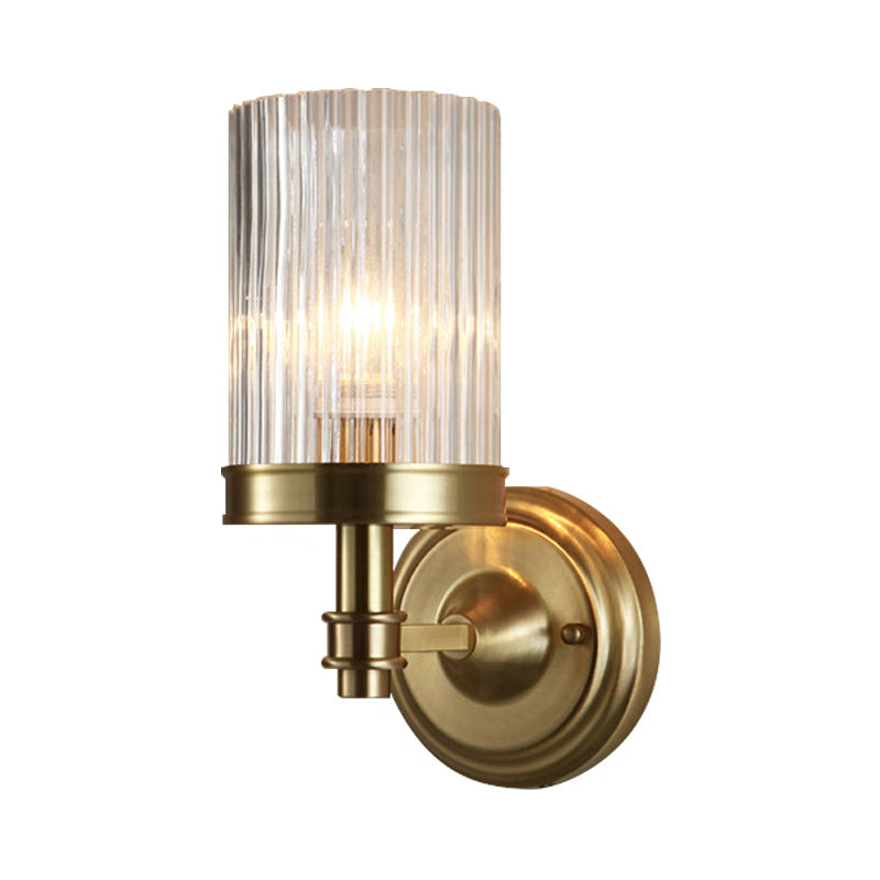 Cylinder Wall Lamp Vintage Stylish Clear Ribbed Glass 1 Bulb Black/Gold Finish Wall Sconce Fixture for Living Room