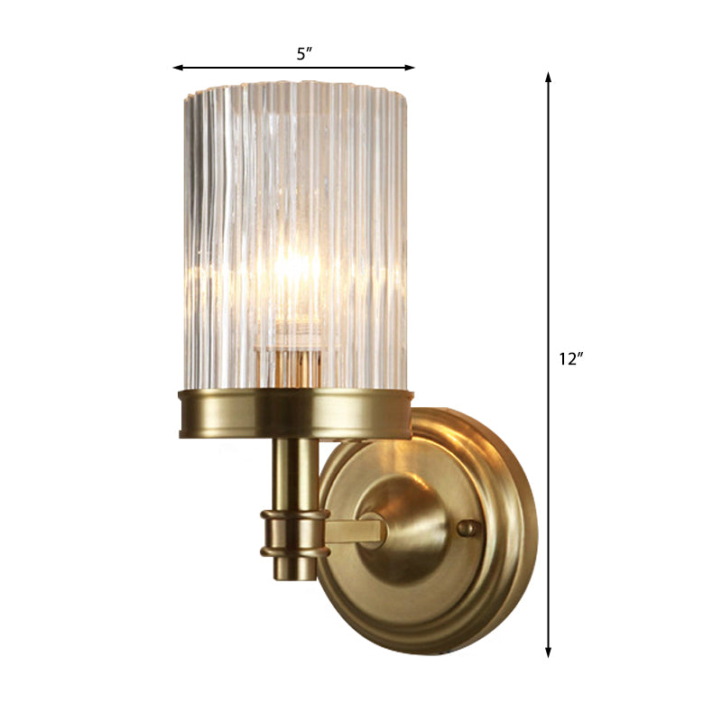 Cylinder Wall Lamp Vintage Stylish Clear Ribbed Glass 1 Bulb Black/Gold Finish Wall Sconce Fixture for Living Room