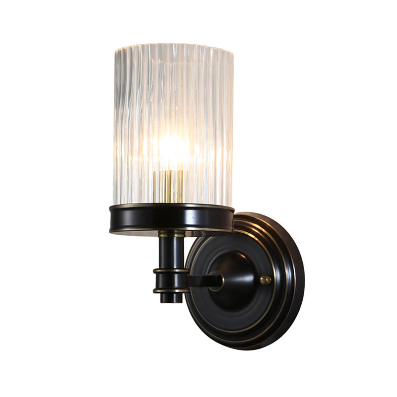 Cylinder Wall Lamp Vintage Stylish Clear Ribbed Glass 1 Bulb Black/Gold Finish Wall Sconce Fixture for Living Room