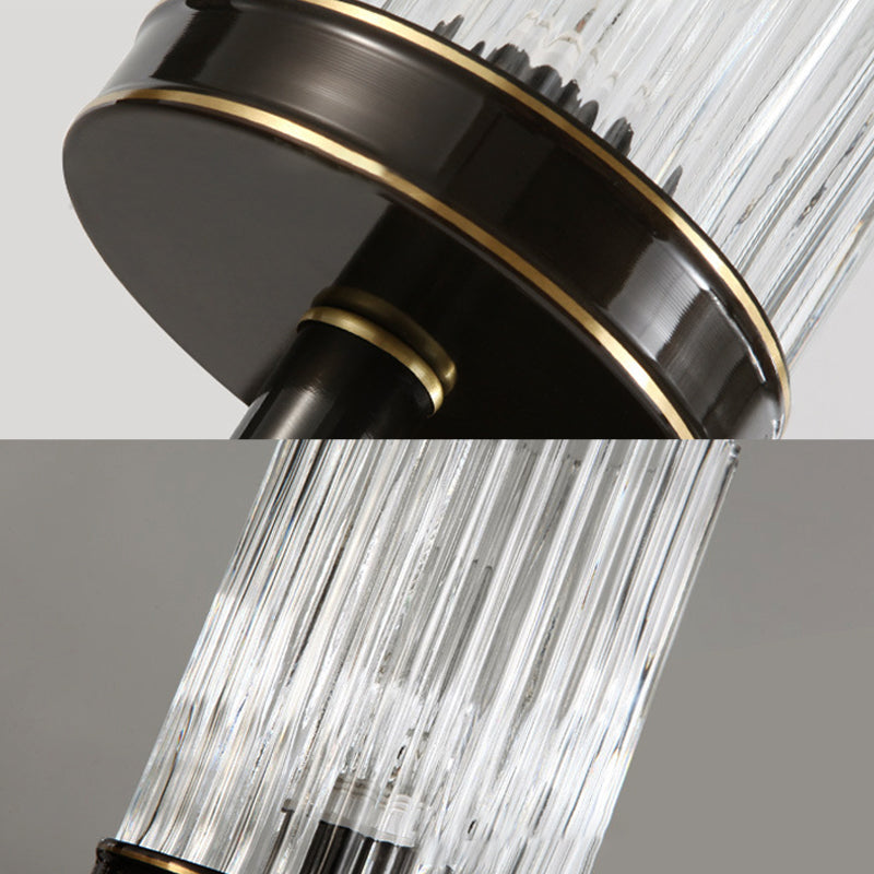 Cylinder Wall Lamp Vintage Stylish Clear Ribbed Glass 1 Bulb Black/Gold Finish Wall Sconce Fixture for Living Room