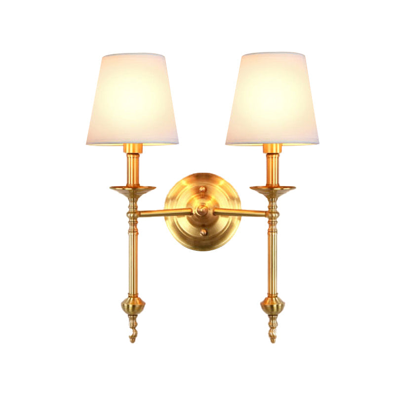 Brass Cone Wall Light Fixture Retro White Fabric Shade 1/2 Bulbs Dining Room Wall Sconce Lighting