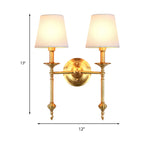 Brass Cone Wall Light Fixture Retro White Fabric Shade 1/2 Bulbs Dining Room Wall Sconce Lighting