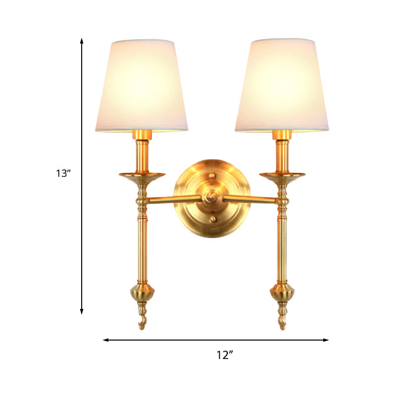 Brass Cone Wall Light Fixture Retro White Fabric Shade 1/2 Bulbs Dining Room Wall Sconce Lighting