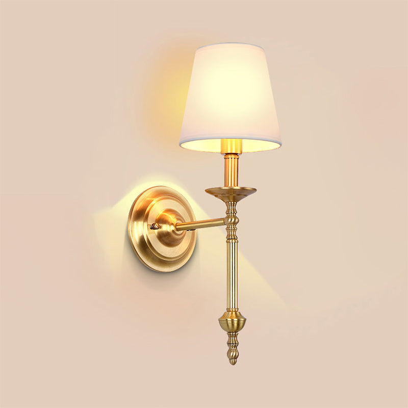 Brass Cone Wall Light Fixture Retro White Fabric Shade 1/2 Bulbs Dining Room Wall Sconce Lighting