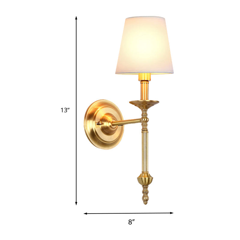 Brass Cone Wall Light Fixture Retro White Fabric Shade 1/2 Bulbs Dining Room Wall Sconce Lighting