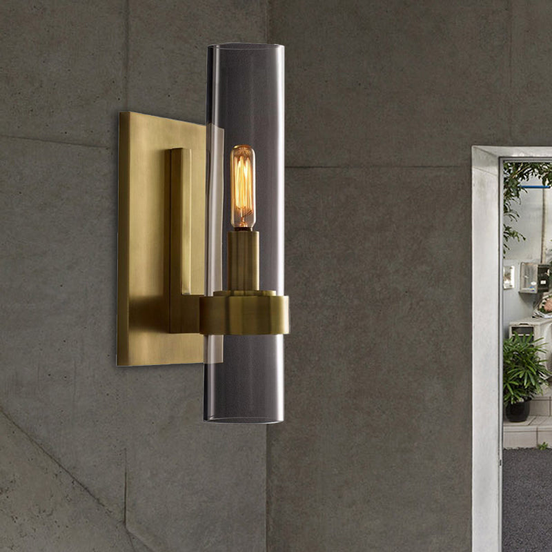 Cylinder Sconce Light Traditionary Clear Glass 2.5"/5" Wide 1 Head Black/Brass Wall Lamp Fixture for Stair