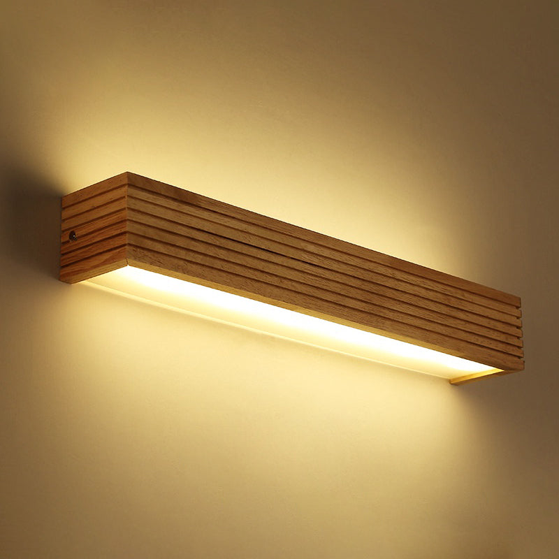 Laminated Wood Rectangle Wall Light Minimalist Beige LED Sconce Fixture above Bed