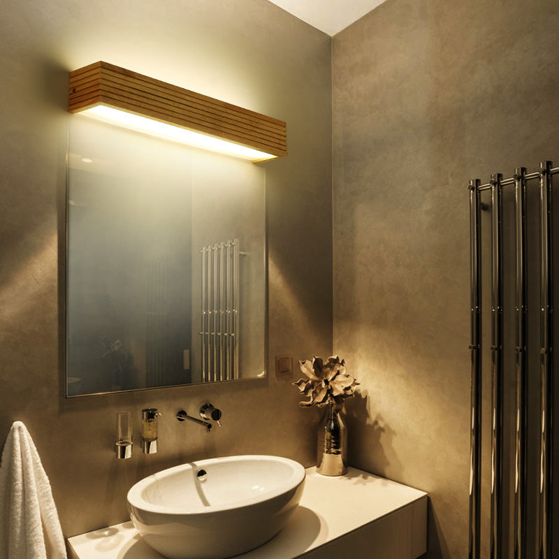 Laminated Wood Rectangle Wall Light Minimalist Beige LED Sconce Fixture above Bed
