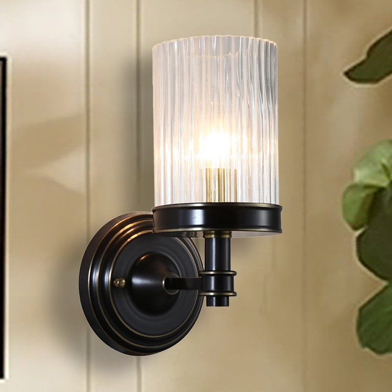 Cylinder Wall Lamp Vintage Stylish Clear Ribbed Glass 1 Bulb Black/Gold Finish Wall Sconce Fixture for Living Room