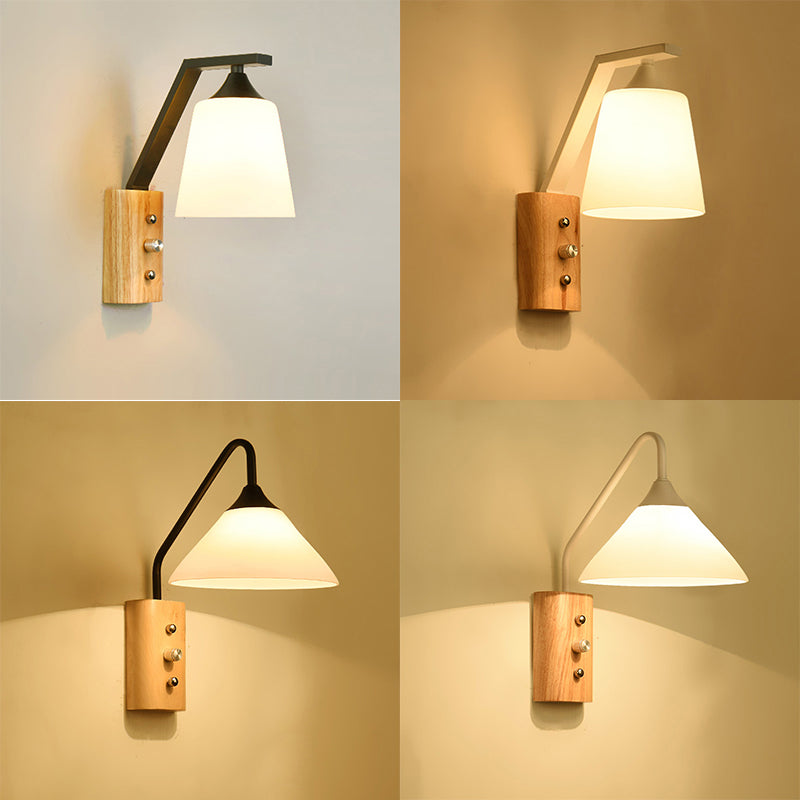 White Glass Wall Lighting Wooden Down Lighting for Study Room Bedroom