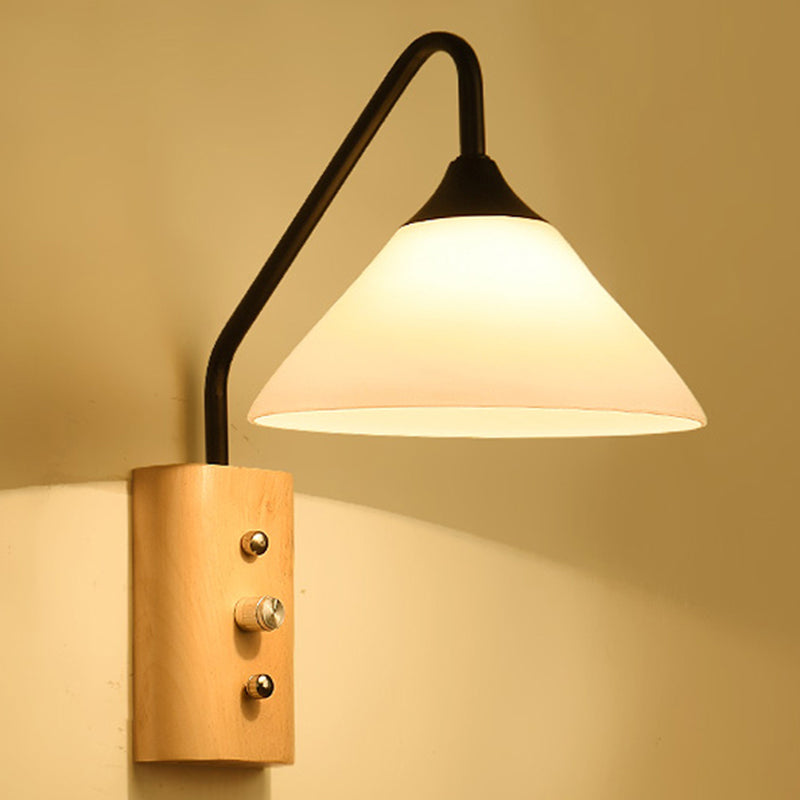 White Glass Wall Lighting Wooden Down Lighting for Study Room Bedroom