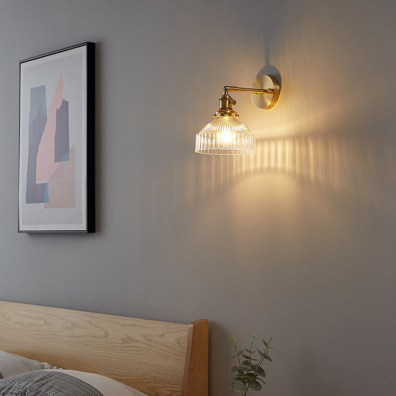 Industrial Wall Lamp Pressed Ribbed Glass Wall Light Sconce in Gold Finish for Bedroom