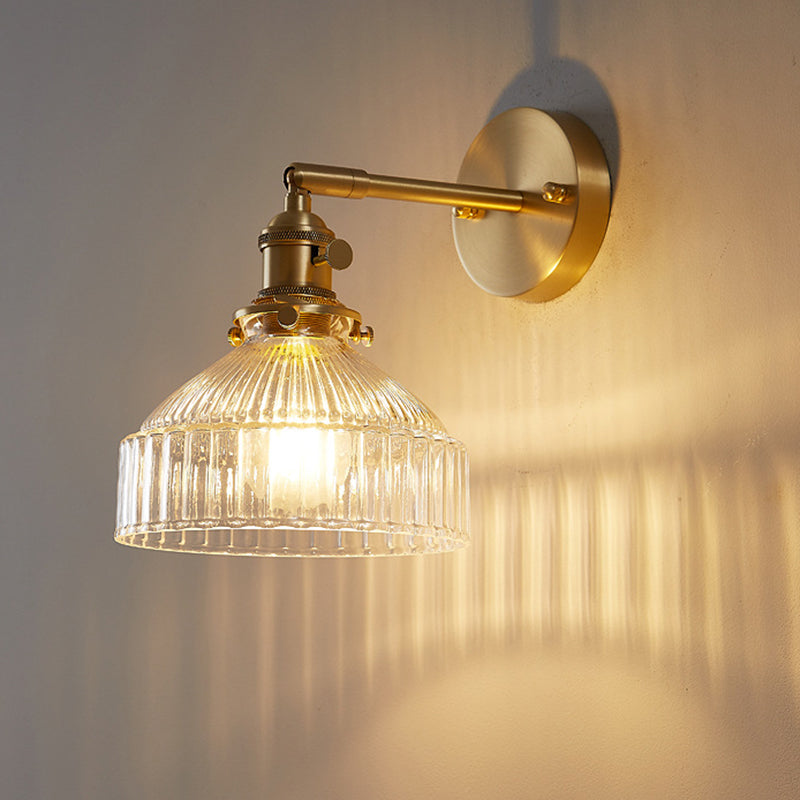 Industrial Wall Lamp Pressed Ribbed Glass Wall Light Sconce in Gold Finish for Bedroom