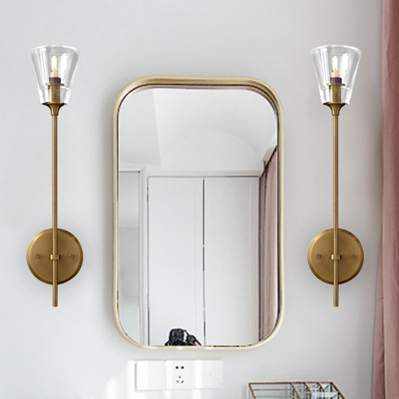 Black/Brass Finish Pencil Arm Wallchiere Vintage Metallic 1/2 Bulbs Wall Lamp with Clear Tapered Glass Shade