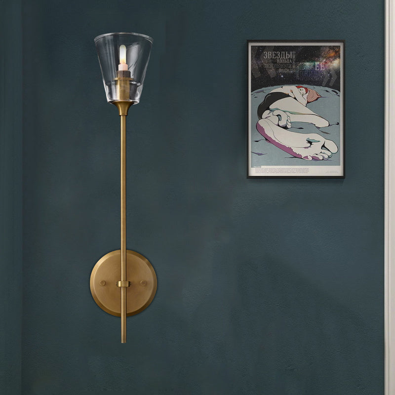 Black/Brass Finish Pencil Arm Wallchiere Vintage Metallic 1/2 Bulbs Wall Lamp with Clear Tapered Glass Shade