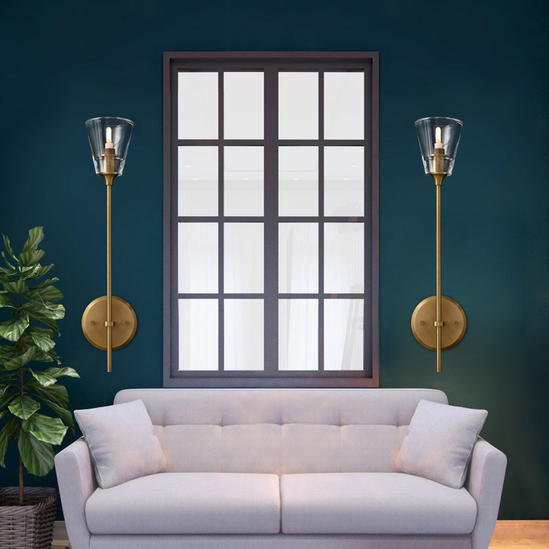 Black/Brass Finish Pencil Arm Wallchiere Vintage Metallic 1/2 Bulbs Wall Lamp with Clear Tapered Glass Shade