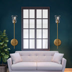 Black/Brass Finish Pencil Arm Wallchiere Vintage Metallic 1/2 Bulbs Wall Lamp with Clear Tapered Glass Shade