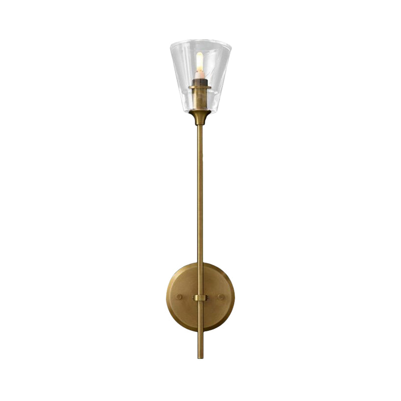 Black/Brass Finish Pencil Arm Wallchiere Vintage Metallic 1/2 Bulbs Wall Lamp with Clear Tapered Glass Shade