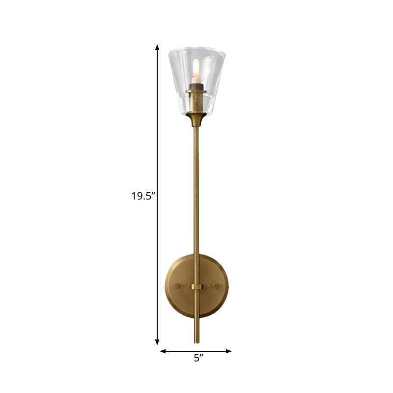 Black/Brass Finish Pencil Arm Wallchiere Vintage Metallic 1/2 Bulbs Wall Lamp with Clear Tapered Glass Shade