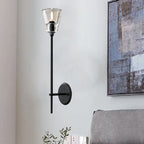 Black/Brass Finish Pencil Arm Wallchiere Vintage Metallic 1/2 Bulbs Wall Lamp with Clear Tapered Glass Shade