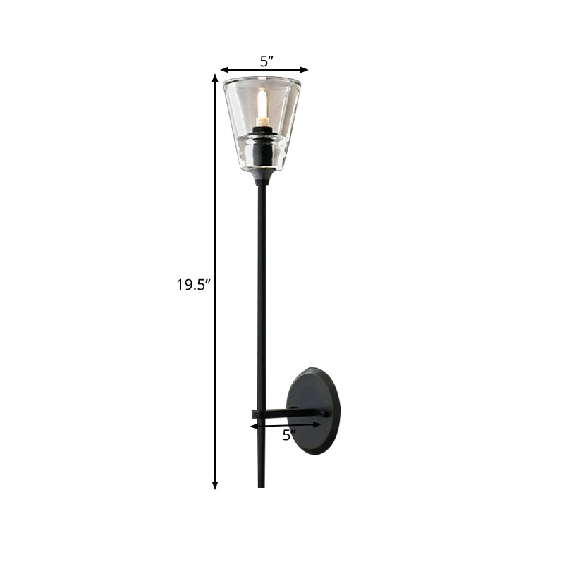 Black/Brass Finish Pencil Arm Wallchiere Vintage Metallic 1/2 Bulbs Wall Lamp with Clear Tapered Glass Shade
