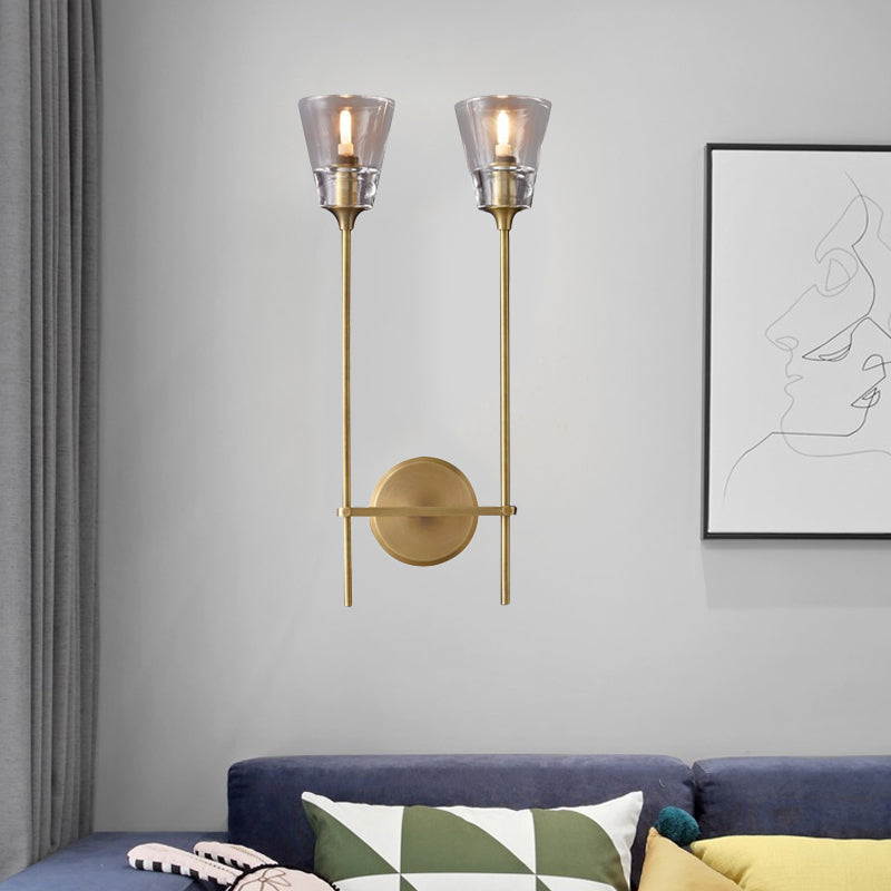 Black/Brass Finish Pencil Arm Wallchiere Vintage Metallic 1/2 Bulbs Wall Lamp with Clear Tapered Glass Shade