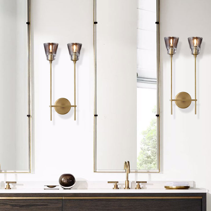 Black/Brass Finish Pencil Arm Wallchiere Vintage Metallic 1/2 Bulbs Wall Lamp with Clear Tapered Glass Shade