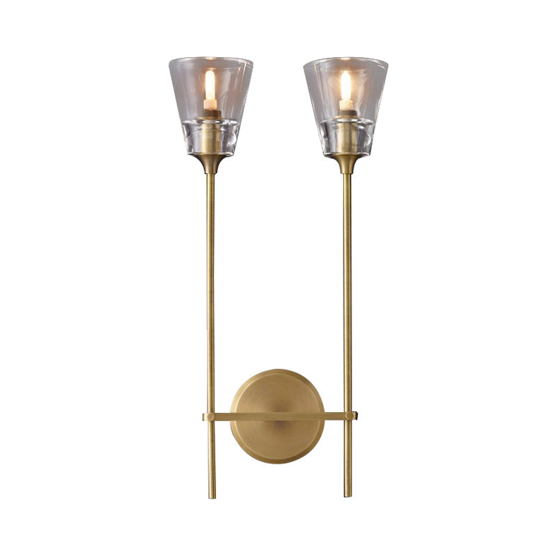 Black/Brass Finish Pencil Arm Wallchiere Vintage Metallic 1/2 Bulbs Wall Lamp with Clear Tapered Glass Shade