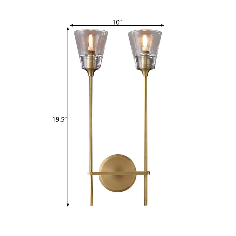 Black/Brass Finish Pencil Arm Wallchiere Vintage Metallic 1/2 Bulbs Wall Lamp with Clear Tapered Glass Shade