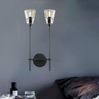 Black/Brass Finish Pencil Arm Wallchiere Vintage Metallic 1/2 Bulbs Wall Lamp with Clear Tapered Glass Shade