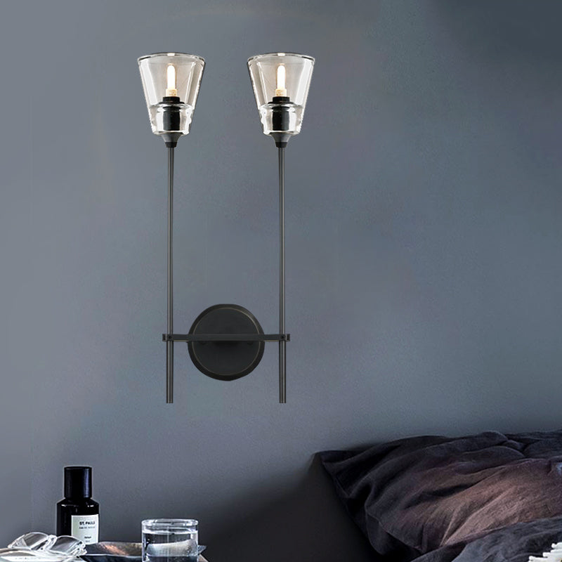 Black/Brass Finish Pencil Arm Wallchiere Vintage Metallic 1/2 Bulbs Wall Lamp with Clear Tapered Glass Shade