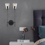 Black/Brass Finish Pencil Arm Wallchiere Vintage Metallic 1/2 Bulbs Wall Lamp with Clear Tapered Glass Shade