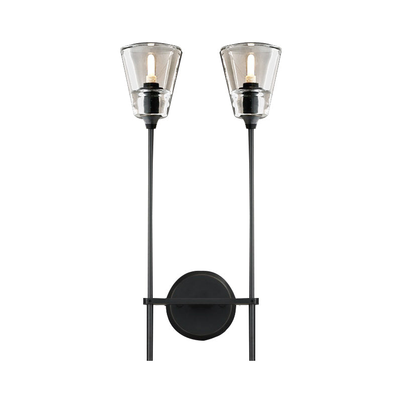 Black/Brass Finish Pencil Arm Wallchiere Vintage Metallic 1/2 Bulbs Wall Lamp with Clear Tapered Glass Shade