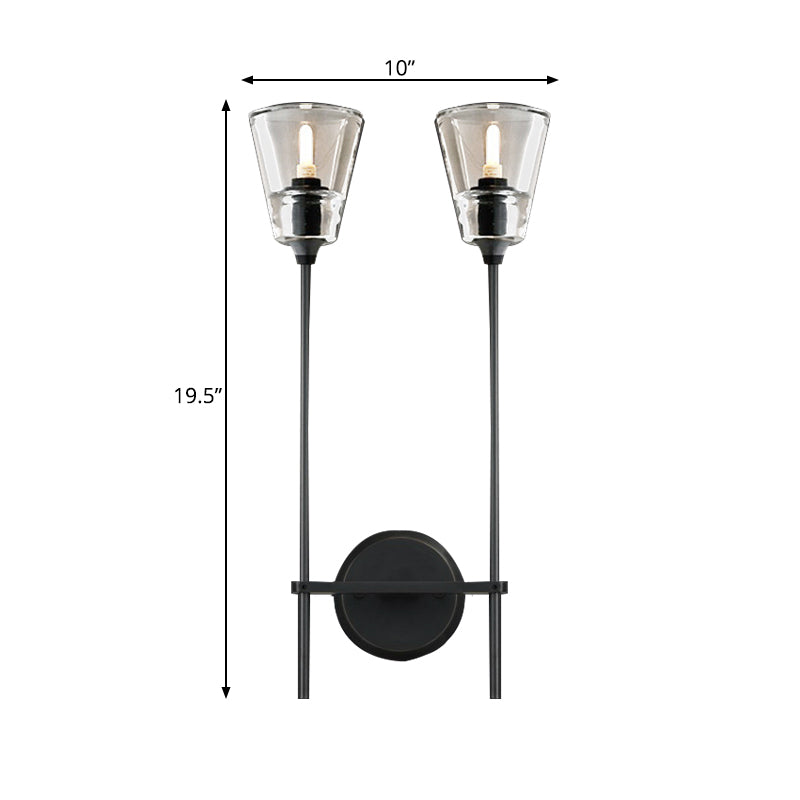 Black/Brass Finish Pencil Arm Wallchiere Vintage Metallic 1/2 Bulbs Wall Lamp with Clear Tapered Glass Shade