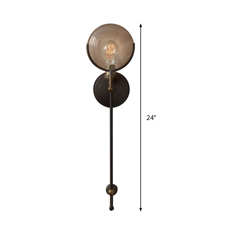 Armed Sconce Light Traditionary Metal 11.5"/24" Wide 1 Head Black Wall Lamp Fixture with Round Frosted Glass Deco