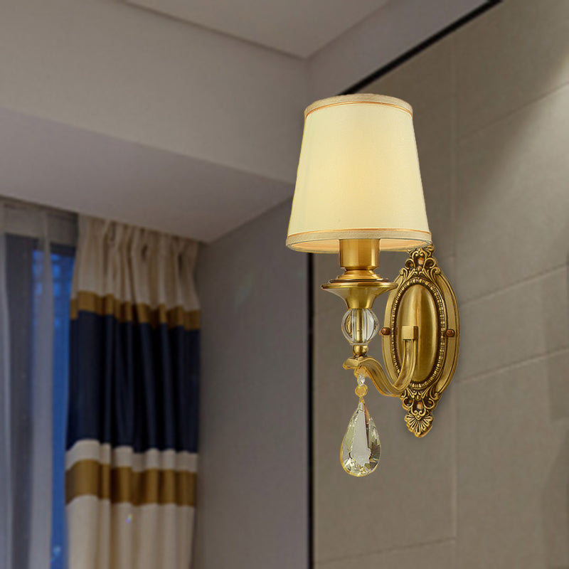 Traditionalism Conical Wall Mount Lamp 1/2 Heads Fabric Wall Sconce Lighting in Gold with Dangling Crystal