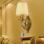 Traditionalism Conical Wall Mount Lamp 1/2 Heads Fabric Wall Sconce Lighting in Gold with Dangling Crystal