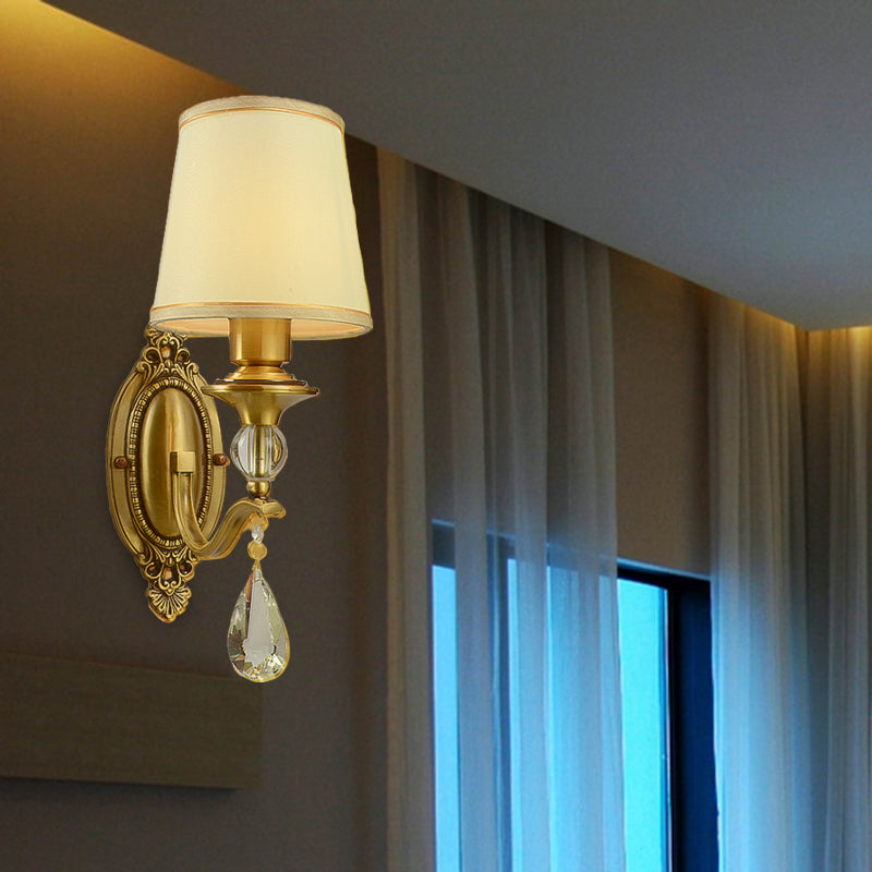 Traditionalism Conical Wall Mount Lamp 1/2 Heads Fabric Wall Sconce Lighting in Gold with Dangling Crystal