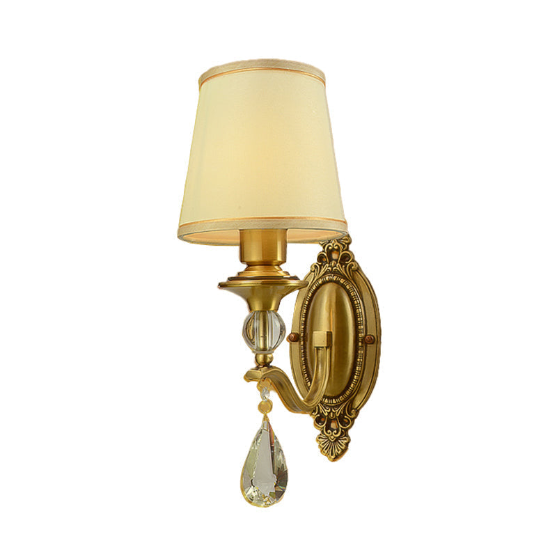 Traditionalism Conical Wall Mount Lamp 1/2 Heads Fabric Wall Sconce Lighting in Gold with Dangling Crystal