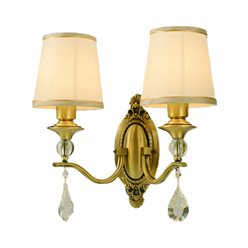 Traditionalism Conical Wall Mount Lamp 1/2 Heads Fabric Wall Sconce Lighting in Gold with Dangling Crystal