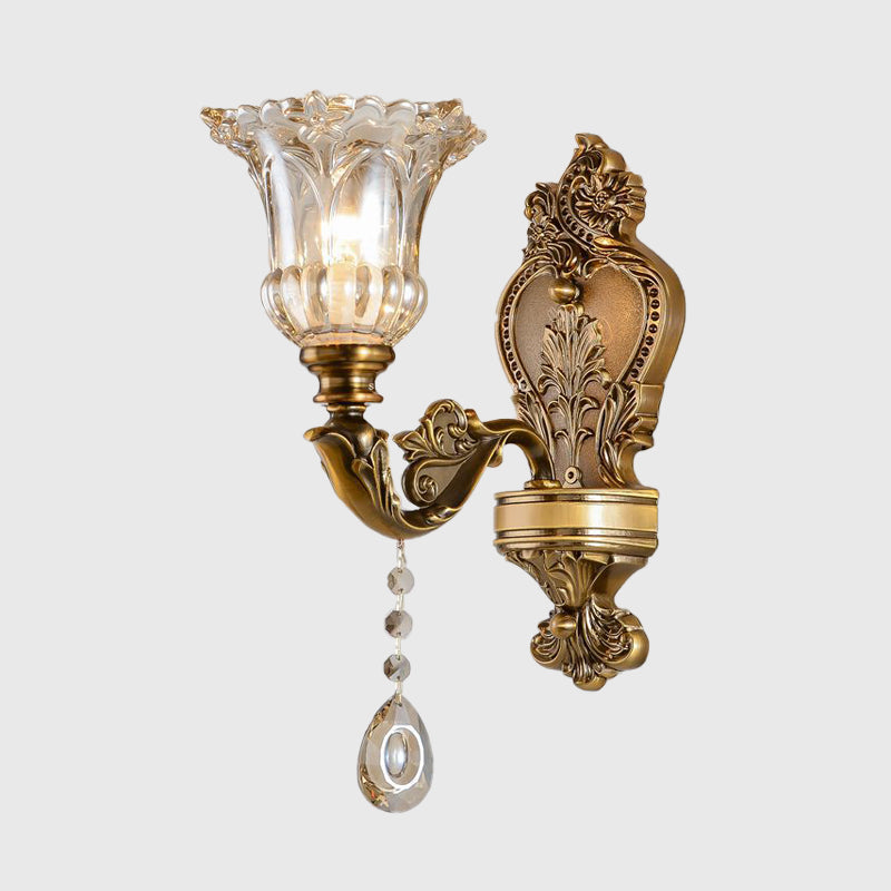 Vintage Floral Wall Mount Lamp 1/2 Heads Beveled Crystal Prism Wall Sconce Light in Brass