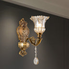 Vintage Floral Wall Mount Lamp 1/2 Heads Beveled Crystal Prism Wall Sconce Light in Brass