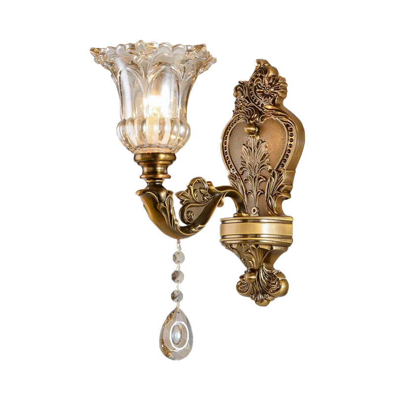 Vintage Floral Wall Mount Lamp 1/2 Heads Beveled Crystal Prism Wall Sconce Light in Brass