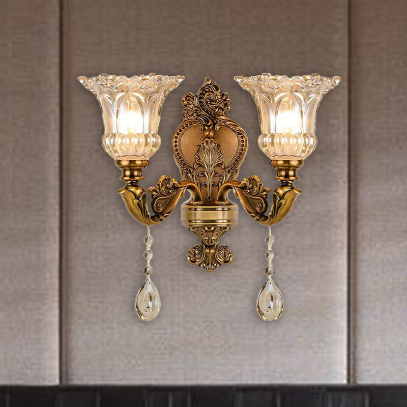 Vintage Floral Wall Mount Lamp 1/2 Heads Beveled Crystal Prism Wall Sconce Light in Brass