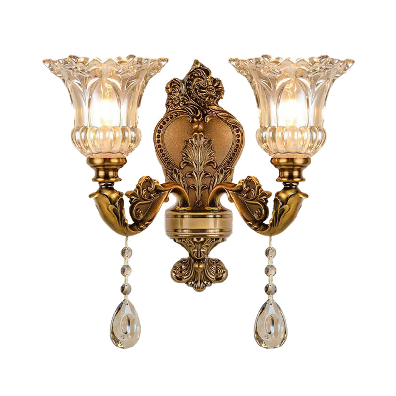 Vintage Floral Wall Mount Lamp 1/2 Heads Beveled Crystal Prism Wall Sconce Light in Brass
